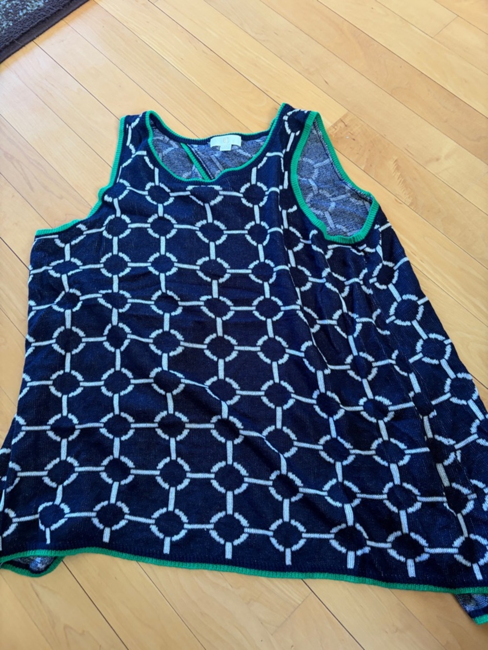 Navy Geometric Knit Tank with Green Trim